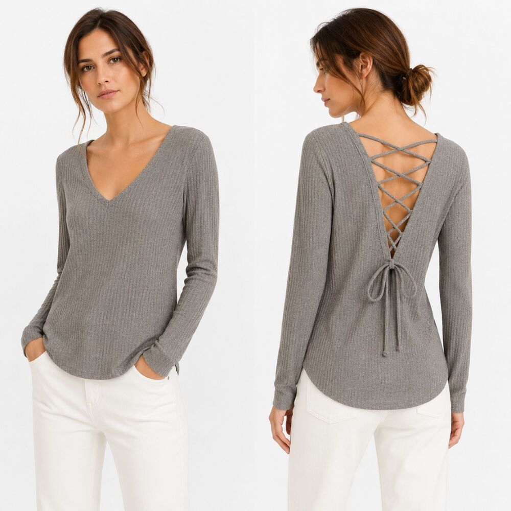 Chaser NEW Grey Waffle Knit Lace Up Back Long Sleeve Top M Casual Soft Stretch
